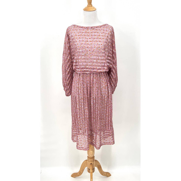 Vintage 80s Dress Womens Small Pink Sheer Striped 3/4 Sleeve Midi Tiny Floral - Picture 1 of 16